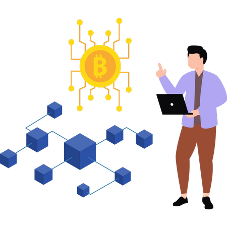 Man working on bitcoin networking Illustration