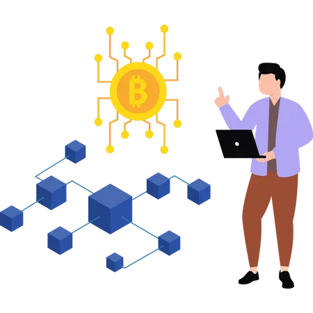 Man working on bitcoin networking Illustration