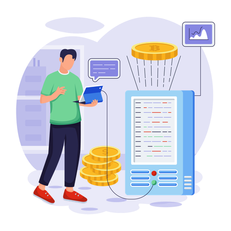 Man working on Bitcoin Server  Illustration
