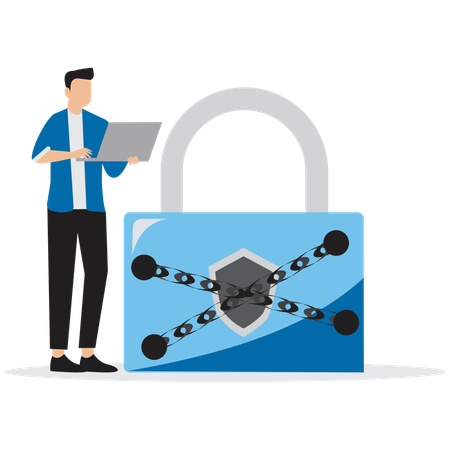 Man working on Blockchain Data Security  Illustration