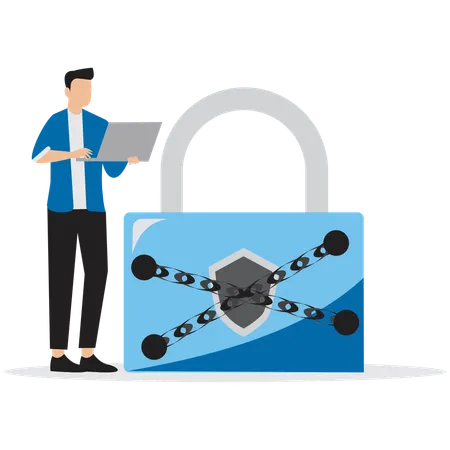 Man working on Blockchain Data Security  Illustration