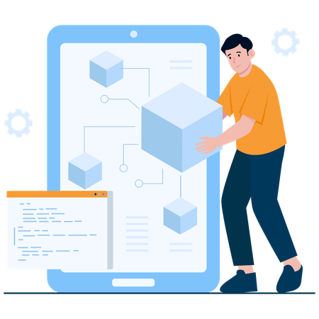 Man working on Blockchain Mobile Integration  Illustration