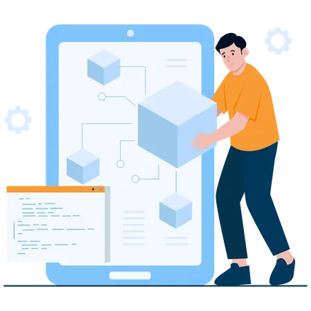 Man working on Blockchain Mobile Integration  Illustration