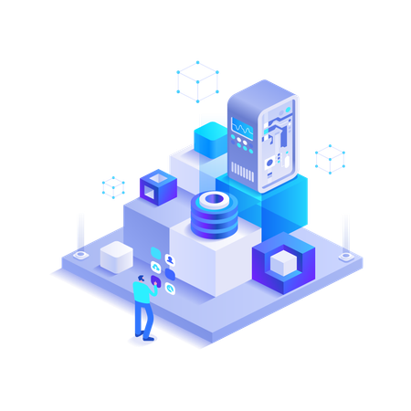 Man working on blockchain network  Illustration
