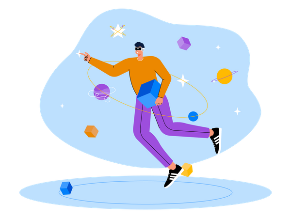 Man working on blockchain using metaverse tech Illustration