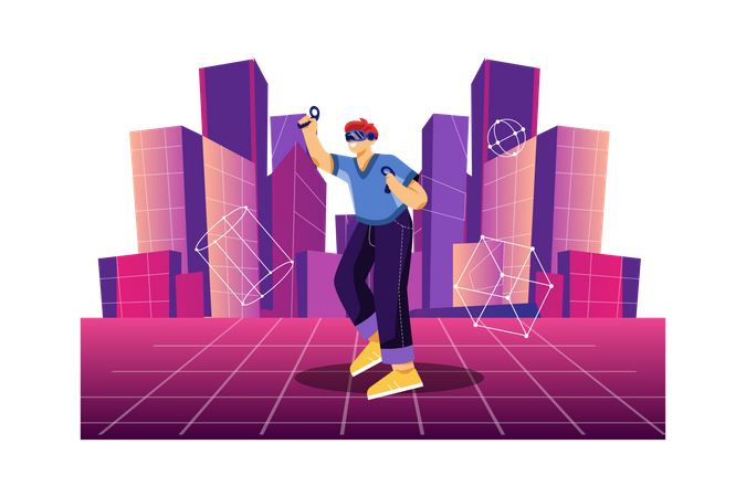 Man working on building plan using VR Tech  イラスト