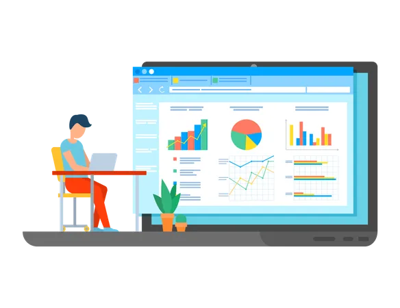 Project Management And Financial Report Strategy Man Office Worker Sitting At A Table With Laptop Near Presentation With Charts And Graphs Doing Business Analysis And Planning Developing A Concept Illustration