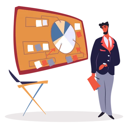Man Stand Near Chart Board With Data Diagram Person In Suit On Business Presentation With Tablet Scoreboard Chair And Businessman Tasks Appointment And Time Organizing Vector Illustration Illustration