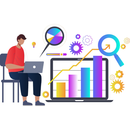 Man working on business bar graph  Illustration