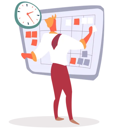 Manager Working With Workflow Planning Vector Flat Style Character With Calendar And Stickers Memos On Board Reminding Of Tasks And Deadlines Of Completion Schedule At Work Time Management Illustration