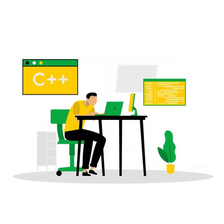 Man working on C plus plus code  Illustration