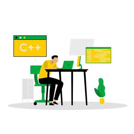 Man working on C plus plus code  Illustration