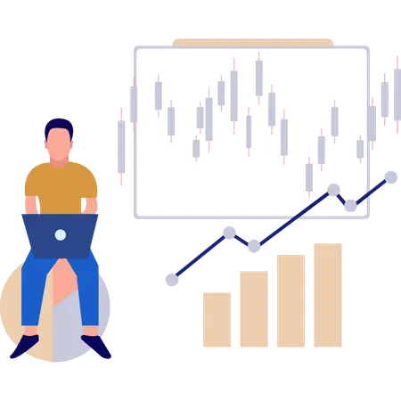 Man working on candle stick graph  Illustration