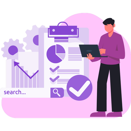 Man working on clipboard pie chart  Illustration