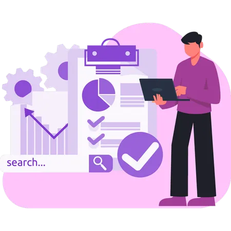 Man working on clipboard pie chart  Illustration