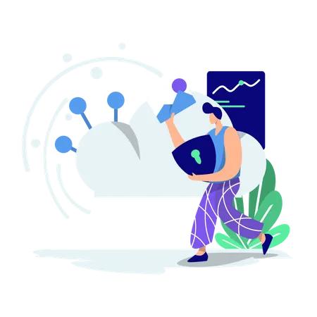 Man working on cloud data security  イラスト