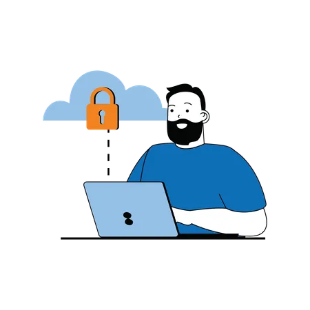 Man working on cloud security  Illustration