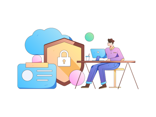 Man working on cloud security  Illustration