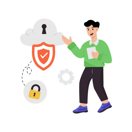 Man working on cloud security  Illustration