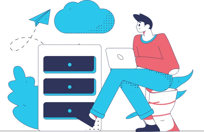 Man working on cloud server  Illustration