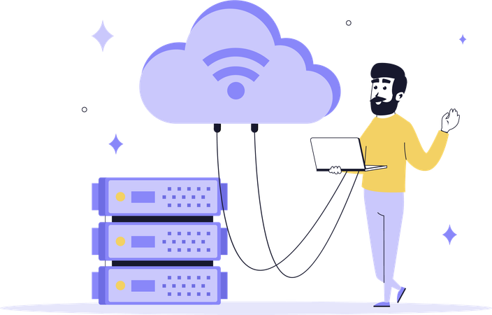 Man working on cloud server  Illustration
