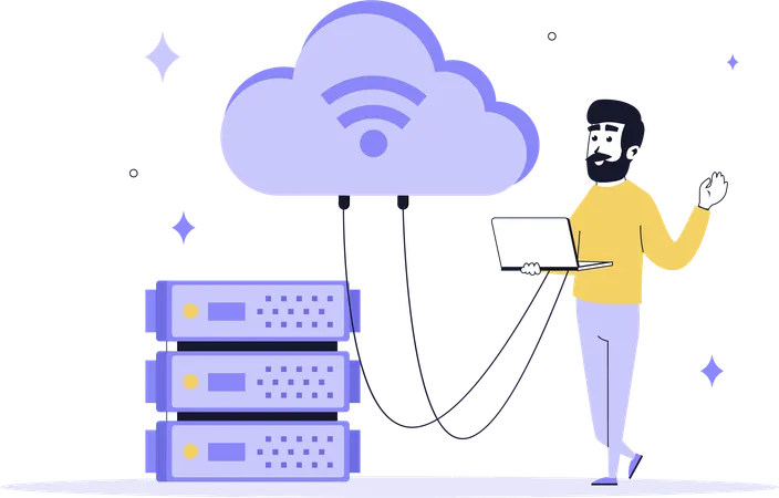 Man working on cloud server  Illustration