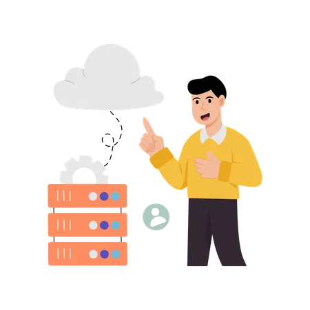 Man working on cloud server  Illustration