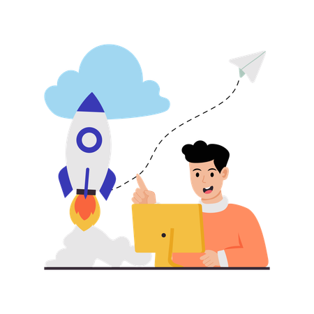 Man working on cloud startup  Illustration