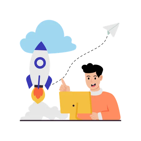 Man working on cloud startup  Illustration