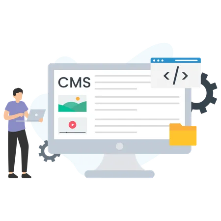 CMS の詳細に取り組んでいる男性  イラスト