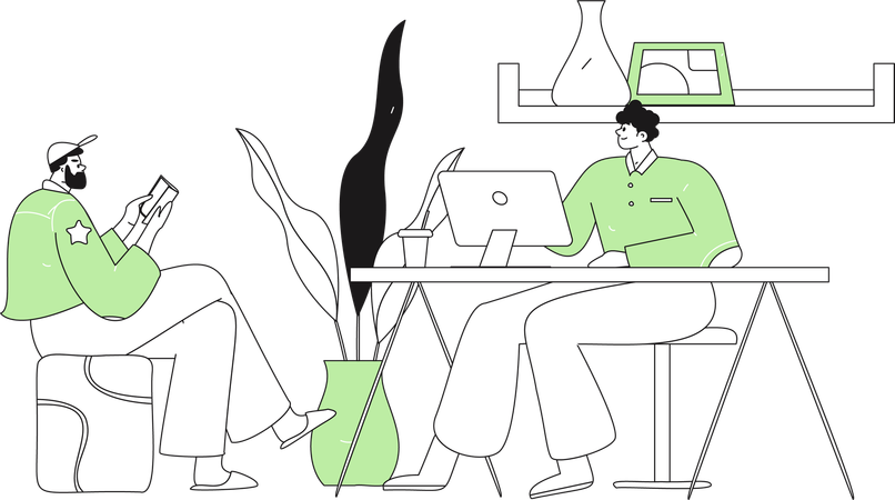 Man working on computer and beard man reading book  Illustration