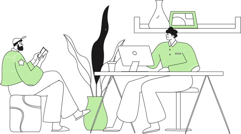 Man working on computer and beard man reading book  Illustration
