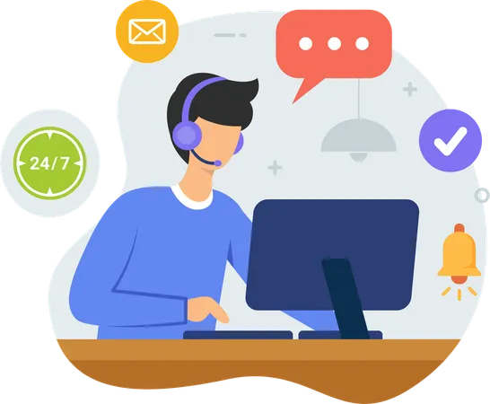 Man working on computer at call centre  Illustration
