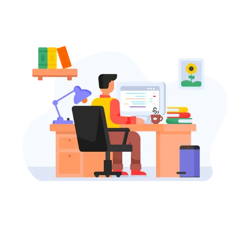 Man working on computer at office  Illustration