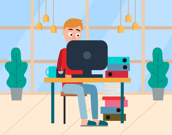 Man working on computer at office Illustration