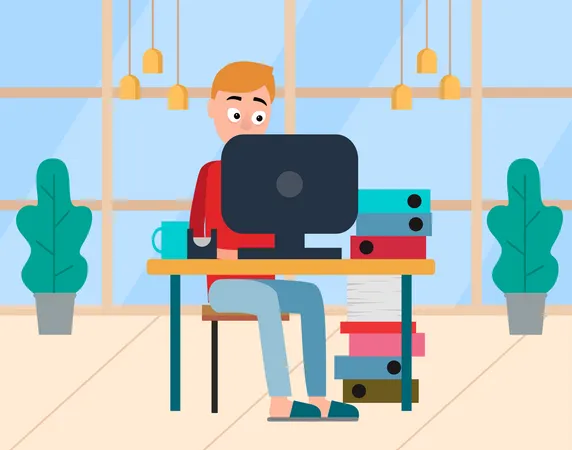 Man working on computer at office Illustration