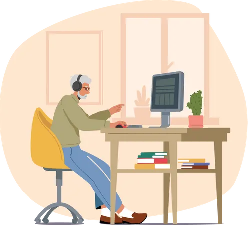 Concentrated Senior Grey Haired Male Character Sitting At Desk With Pc Typing Message Or Surfing In Networks Aged Man Grandpa Learning And Using New Technologies Cartoon Vector Illustration 일러스트레이션