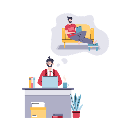 Man working on computer in business office dreaming freelance work in home  Illustration