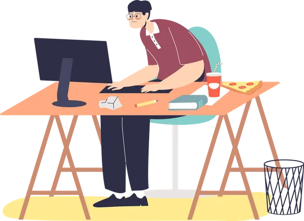 Man working on computer suffer from bad posture  Illustration