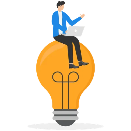 Content Creation Creative Person Businessman Sitting In Light Bulb With Laptop Symbol Of Creativity Writing Blogging Copywriting Vector Illustration Concept Illustration