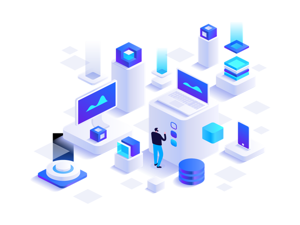 Man working on cryptocurrency network  Illustration