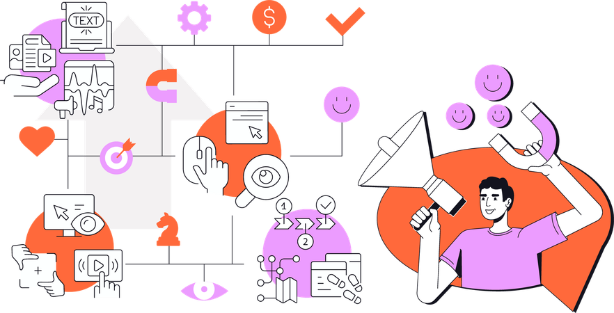 Man working on Customer attraction  Illustration