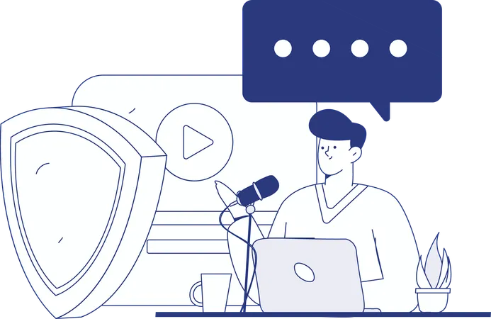 サイバーセキュリティのタスクに取り組む男性  イラスト