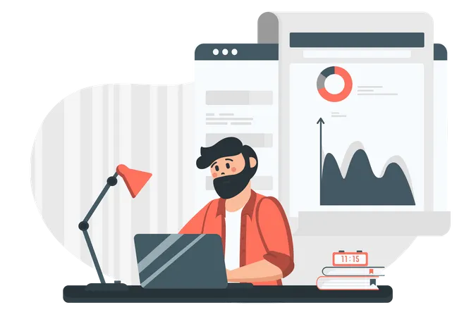 Statistical Analysis Concept In Flat Design Man Analyst Works With Data Studies Statistics On Charts And Diagrams Marketing And Sociological Research Vector Illustration With People Scene For Web Illustration