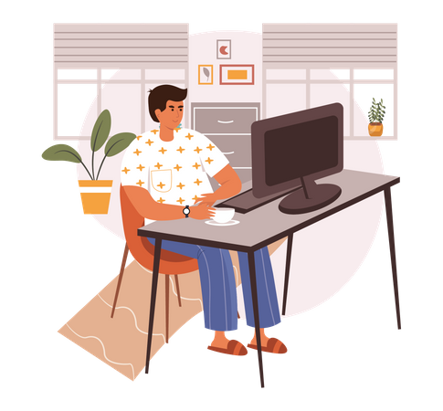 Man working on desk with coffee cup  Illustration