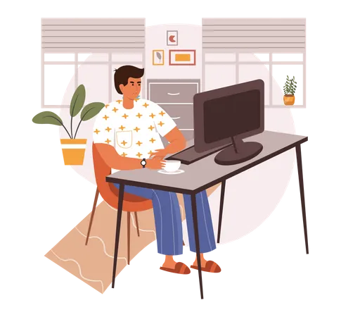 Man working on desk with coffee cup  Illustration