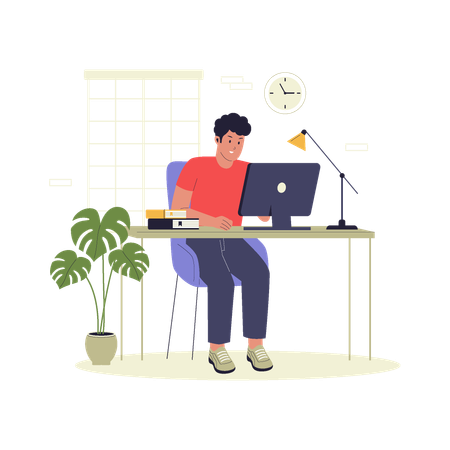 Man Working on Desktop Computer in Home Office  Illustration