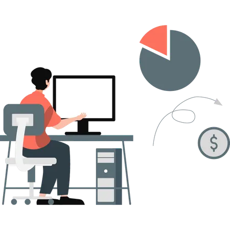 Man working on different pie chart piece  Illustration