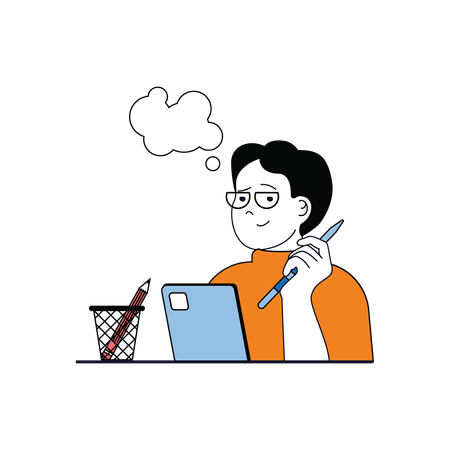 Man working on digital pad and thinking for ideas  Illustration