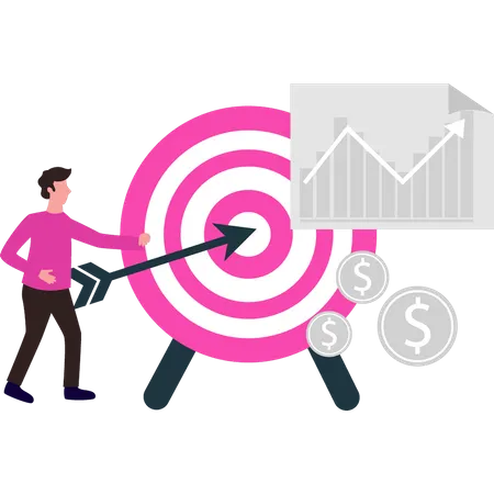 Man working on dollar graph target  Illustration